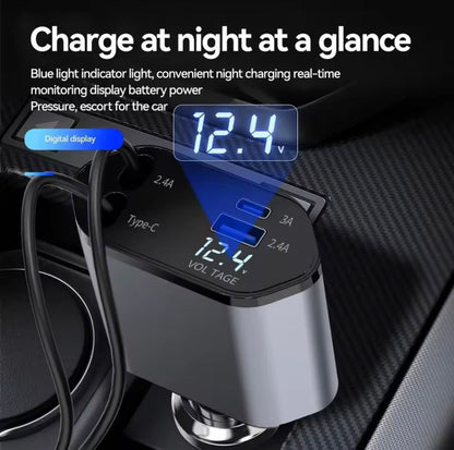 4-in-1 Car Charger Adapter, Phone Charger for Car Cigarette Lighter, 120W Fast Charging, Flash Charging, Retractable Car Charger